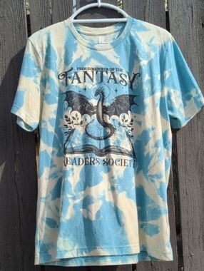 Fantasy Reader Shortsleeve Tee, Dragon & Book Graphic, Blue Tie-Dye, Size L